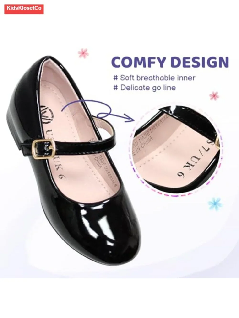 Girls Mary Jane Flats with Hook and Loop Closure, Low Heel Dress Shoes